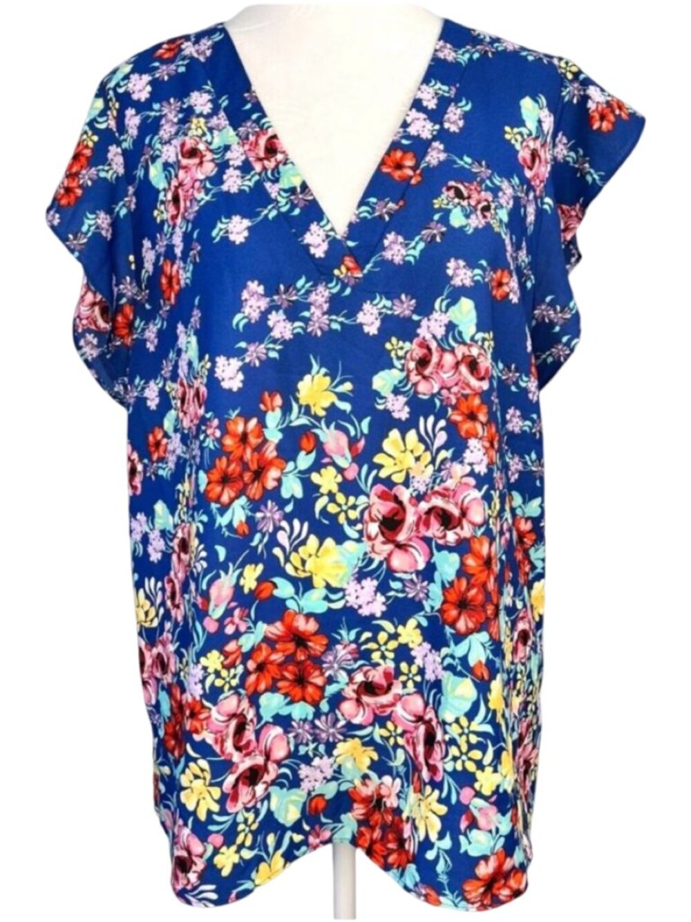 Rachel Roy Blue Floral V-Neck Blouse Cap Sleeve Size Large